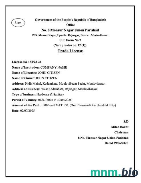 Bangladesz Trade license Word i szablon PDF